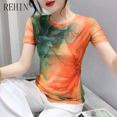 REHIN เสื้อยืดแขนสั้นพิมพ์ลายลายตาข่ายฤดูร้อนแฟชั่นผู้หญิงคอกลมเข้ารูปพอดีกับ S-3XL
