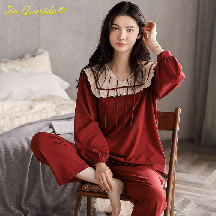 woman-pijama-set-100-cotton-loose-style-pullover-leisure-homesuit-cotton-loungewear-oversized-sleepwear-avocado-printing-pajama