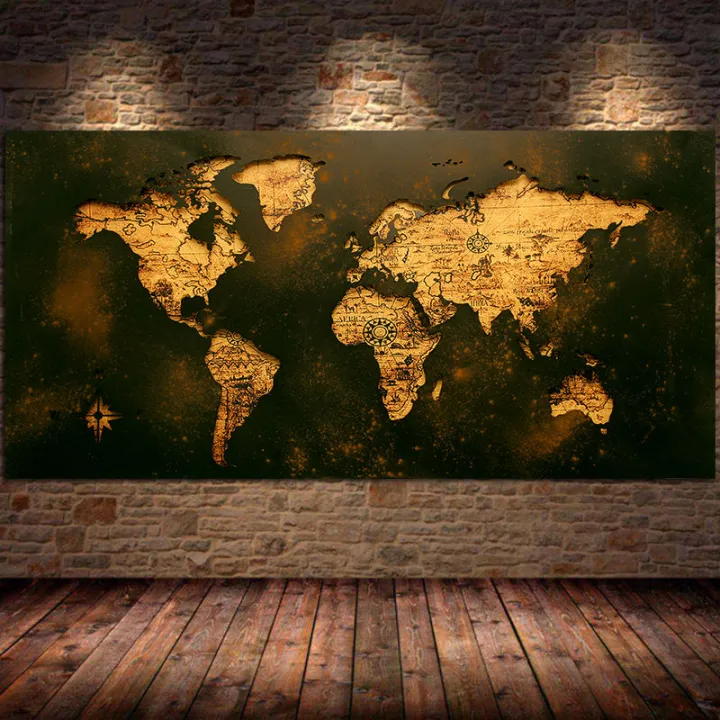 Black Gold World Map Picture Canvas Painting Modern Classic Style Wall