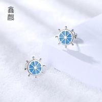 [COD] Stall source of goods version the round earrings female fresh all-match blue rudder steering wheel stud dripping oil