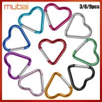 MUBAI 3/6/9pcs ชุดเดินทาง เครื่องมือตั้งแคมป์กลางแจ้ง ที่แขวนขวดน้ำ ที่เกี่ยวพวงกุญแจ คาราไบเนอร์อะลูมิเนียม คลิปพวงกุญแจ หัวเข็มขัดรูปหัวใจ