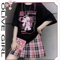 ✤ Summer Fashion Cool Two Piece Set Harajuku Black Gothic Dark Style Printing T-Shirt Pink High Waist Plaid A-Line Pleated Skirt