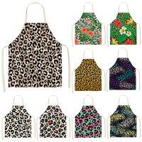 Leopard Print Flower Printed Sleeveless Aprons Kitchen Women Cotton Linen Pinafore Home Cooking Baking Waist Bib 53*65cm WQL0155 Aprons