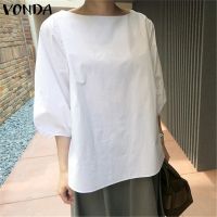 VONDA เสื้อผู้หญิงแขน3/4หลวมเสื้อคอโอชุดลำลองย้อนยุค (ลำลองเกาหลี) [ลดล้างสต๊อก]