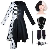 Girls Women Evil Madame Cruella De Vil Costume Cosplay Gown Black White Maid Dress Gloves Wig Halloween Party Fancy Dress