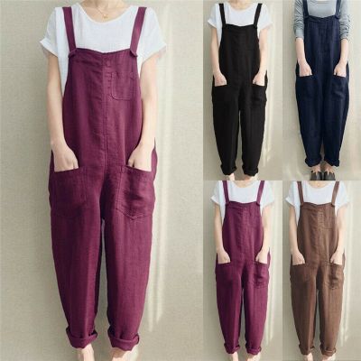 4XL Womens Sleeveless Dungarees Rompers ผ้าฝ้ายลินิน Jumpsuit หลวม Preppy Style Pants Casual Pocket Overalls Playsuits◀