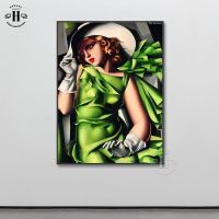 ศิลปะคลาสสิกสไตล์ภาพพิมพ์ภาพเขียนบนผ้าใบผ้าใบพิมพ์ลายศิลปิน Tamara De Lempicka หมวกสีขาวศิลปะภาพผนังระเบียงของผู้หญิงการตกแต่งบ้าน1ชิ้นภายในกรอบหรือไร้กรอบ