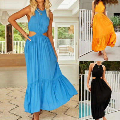 Summer Dress Women 2022 halterneck open waist solid Dress y sleevelss long dress Fashion Party Elegant Dresses for Women