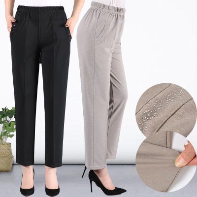กางเกงง่ายและสะดวกสบายสำหรับผู้หญิงกางเกงลำลองกางเกงขาตรงบางเอวสูงยืดบางสำหรับฤดูร้อนของกางเกงลำลอง