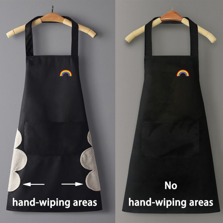 ผ้ากันเปื้อนน่ารักสำหรับทำอาหารกันน้ำสำหรับผู้หญิงสำหรับผู้ชาย-ผ้ากันเปื้อนลายการ์ตูนแขนกุดสีรุ้งตกแต่งด้วยกระเป๋าเช็ดมือ