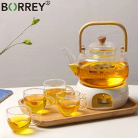 BORREY Borosilicate กาน้ำชาแก้วที่ถอดออกได้ Infuser ยกกาน้ำชาดอกไม้ขนาดใหญ่ชากาต้มน้ำไม้ไผ่จับกาน้ำชาฐาน