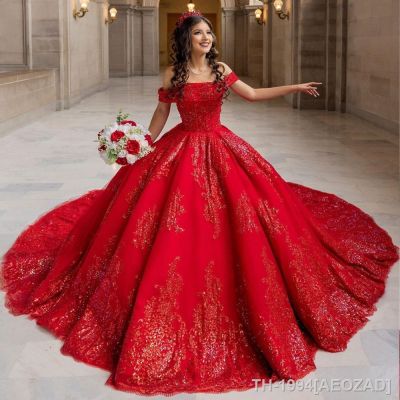 ♨ AEOZAD Vestido de princesa Quinceanera fora do ombro decote barco trem longo vestido baile aniversário menina formal doce luxo 15 anos plus size