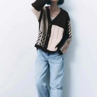 ZARAˉ ZA Autumn Lazy Style Black V-Neck College Style Twist Color Block Knitted Cardigan Sweater Jacket For Women 9874104