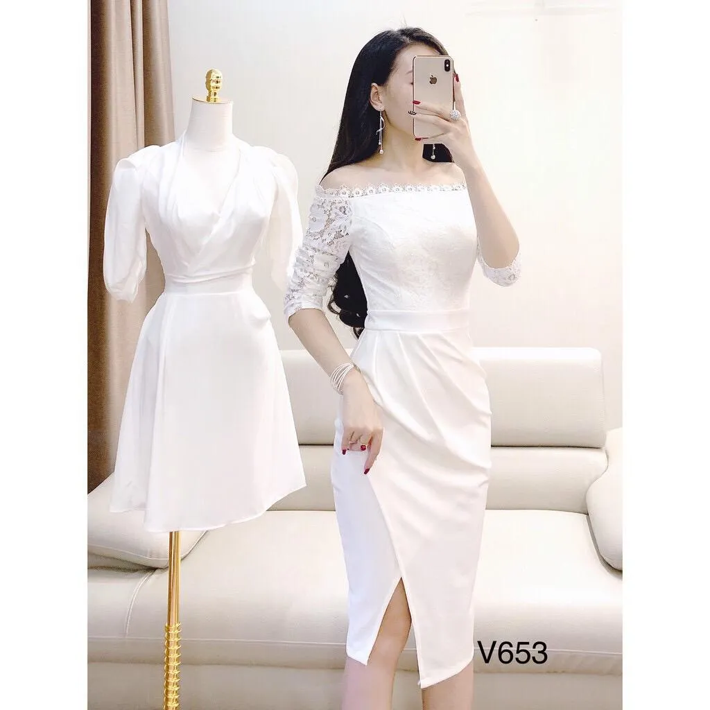 Váy body trắng phối ren trễ vai dài tay (KF3 -V653) - [SALE ...