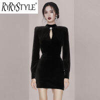 RYRYSTYLE ชุดกำมะหยี่สีทองสินค้าใหม่ล่าสุดสำหรับฤดูใบไม้ผลิเข้ารูปพอดี Cui Xueli แขนยาวสะโพกขนาดเล็กชุดสีดำ9412