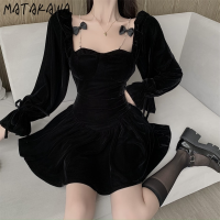 Matakawa Womens Dresse Chain Diamonds Bownot Black Velet Dress Autumn High Waist Slim Square Collar Long Sleeve Mini Vestidos