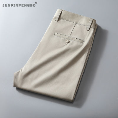 JUNPINMINGBO กางเกงสแล็ค Lyocell สุดเท่สำหรับผู้ชายกางเกงขายาวทรงตรงพอดีตัว Celana Setelan ธุรกิจบางสำหรับผู้ชาย