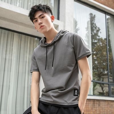 HOT11★BROWON False Two Short Sleeve T-shirt Mens Hoods Cal Loose Summer New Solid Color Stitching Cotton Top Tee
