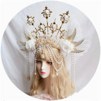 Lolita VINTAGE headband Angel Gold Halo เทพธิดา Virgin headpiece Mary Halo Crown ลูกปัด baroque Tiara Headwear