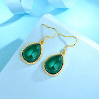 18K genuine gold water drop inlaid with jade chalcedony earrings, circular womens trendy ear hook NAK7