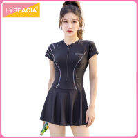 LYSEACIA L-4XL สีทึบชุดว่ายน้ำซิปสำหรับผู้หญิงแขนสั้นมีระบายขนาดพิเศษชุดมีแผ่นเบาะว่ายน้ำหนึ่งชิ้นชุดว่ายน้ำเบอะบีชแวร์ผู้หญิง