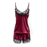 YBFDO Womens Sleepwear Sexy Satin Pajama Set Black Lace V-Neck Pyjamas Sleeveless Cute Cami Top And Shorts