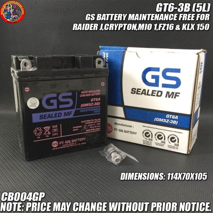 GT6 3B (5L) GS BATTERY MAINTENANCE FREE FOR RAIDER JCRYPTONMIO 1FZ16
