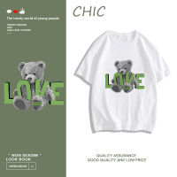 CHIC ผ้าฝ้ายแท้ หมีน้อยการ์ตูนสีเทาพิมพ์เสื้อยืดแขนสั้นหลวม สไตล์สบาย ๆ T0522