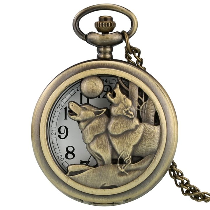 นาฬิกาควอตซ์ย้อนยุคสำหรับผู้ชายและผู้หญิงจี้ทองสัมฤทธิ์หมาป่าสุนัขโบราณสร้อยคอลูกปัดของขวัญของสะสม