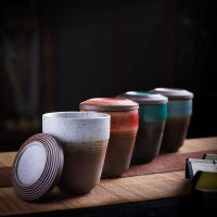 Ceramic Tumbler Creative Tea Restaurant Water Cup with Lid Simple Handless Mug Kiln Baked Vintage Thread Stoneware Coffee Cups