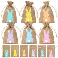 6pcs Easter Bunny Burlap Gift Bags With Drawstring Rabbit Linen Candy Gift Packaging Bag Happy Easter Decoration for Home 2023