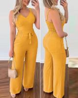 2023 Summer Woman Long Jumpsuits Elegant Sexy V-Neck Shirred Cami Top &amp; High Waist Pants Set New Fashion Casual One Pieces