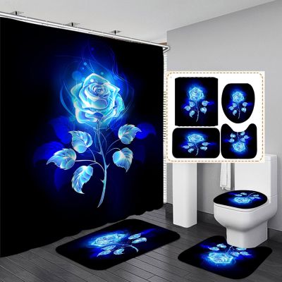 【LZ】 Shiny Blue Golden Rose Waterproof Shower Curtain Set Toilet Cover Mat Nonslip Bath Rugs Bathroom Valentines Day Christmas Decor