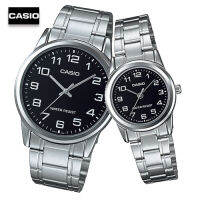 Velashop นาฬิกาข้อมือชาย - หญิงคาสิโอ Casio SET คู่รัก Silver สายสแตนเลส หน้าปัดสีดำ รุ่น MTP-V001D-1B และ LTP-V001D-1B, MTP-V001D-1BUDF, LTP-V001D-1BUDF, MTP-V001D, LTP-V001D