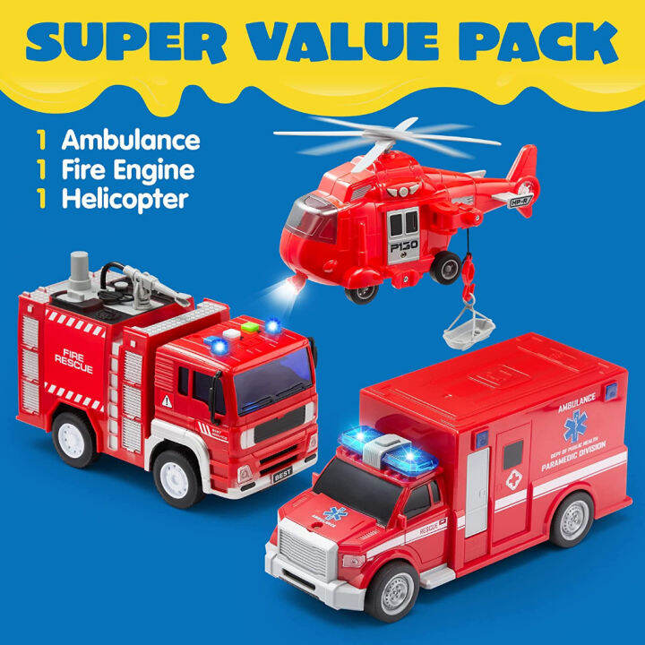 3 Packs Emergency Vehicle Playset, Pretend Helicopter, Ambulance Truck