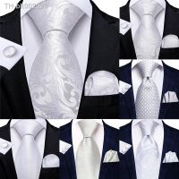 ♧ 2022 New Mens Ties White Floral Hanky Cufflinks Set Silk Neck ties For Men Wedding Party Business Mens Tie Fashion Brand Hi-Tie