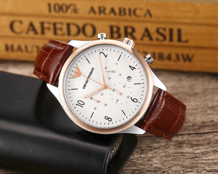 armani-นาฬิกาข้อมือผู้ชาย-นาฬิกาควอตซ์ลำลองธุรกิจสายหนังสีน้ำตาลคุณภาพสูง