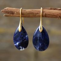 Trending Teardrop Sodalite Gold Plated Hoop Women Dangle Huggie Earrings Elegant Jewelry Gifts