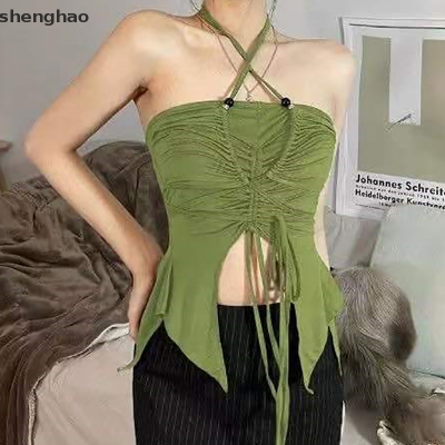 shenghao เสื้อชั้นในสายเดี่ยวคล้องคอเซ็กซี่สำหรับผู้หญิงเสื้อแขนกุดสีพื้นเสื้อเข้ารูปสุดชิค