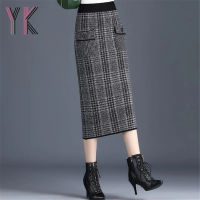 Plaid Knitting Pockets Vintage Midi Skirts Midi Pencil Skirts Elastic High Waist Slim Sukienka Back Slit Autumn Winter Warm Saia