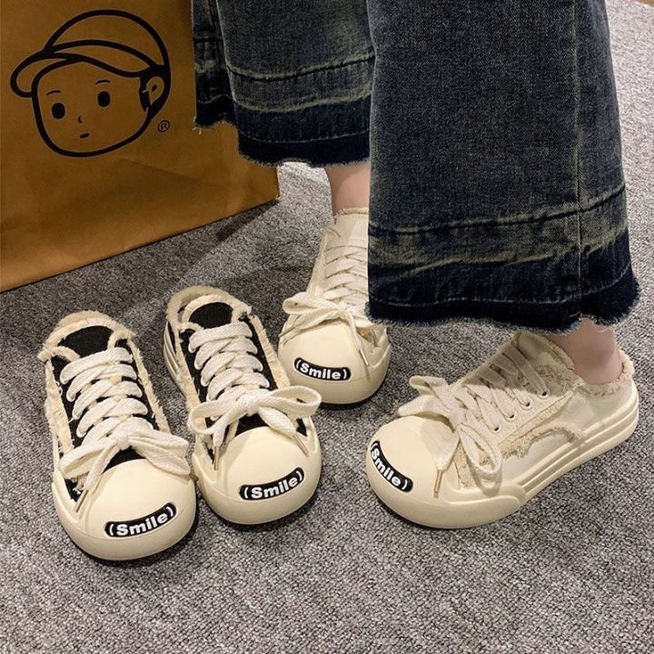 hot-sale-xiaoxiangfeng-smiling-canvas-slippers-womens-2023-new-baotou-half-drag-ultra-fire-thick-soled-shoes