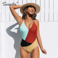 2021SEASELFIE Sexy Colorblock V-Neck Open Back One-Piece Swimsuit Women Padded Cups Monokini 2022 Beach Bathing Suit Swimwear