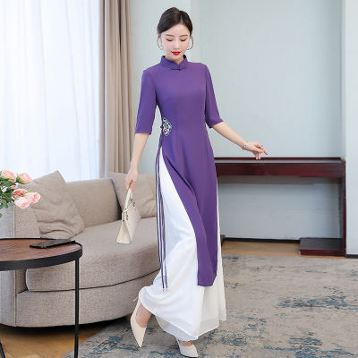 2022ผู้หญิงสไตล์จีนสไตล์จีนย้อนยุคปักชุด Cheongsam ที่ดีขึ้น Aodai กางเกงสูท