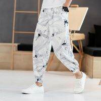 [COD] trousers 21 new mens large size casual print drawstring sports Chinese style nine-point