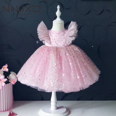 NNJXD Baby Girls Cloths 0-5 Years Baby Girls Dress Flying Sleeve Star Printed Dress Lace Tutu Dress Party Birthday Weeding Party Wear