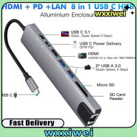 ฮับ USB 8-In-1ตัวแปลงแบบหลายพอร์ตอะแดปเตอร์3.1-4K RJ45ตัวอ่านบัตร TF PD ชาร์จเร็วใช้ได้กับ MacBook