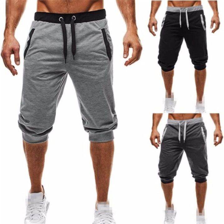 mens-cotton-casual-shorts-3-4-jogger-capri-pants-breathable-below-knee-short-pants-with-pockets