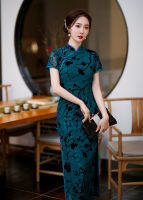 ฤดูร้อนคอจีนลูกไม้แขนสั้น Cheongsam ที่สง่างามแบบดั้งเดิมจีนปุ่มที่ทำด้วยมือยาวสไตล์ Qipao ขนาด4XL