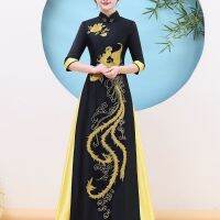 Aodai กี่เพ้า2023ยาวสง่างามคอรัสสไตล์จีนเวียดนามปรับปรุงชุดแคทวอล์ของแท้