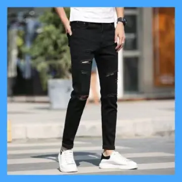 2023 New Men's Black Hole Scratch Red Letter Printing Fashion Pencil Pants  Jeans 9886# - AliExpress